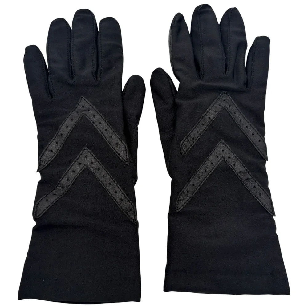 Vintage Isotoner Aris Warm-Ups Black Gloves Leather Chevron Lined Women's OS